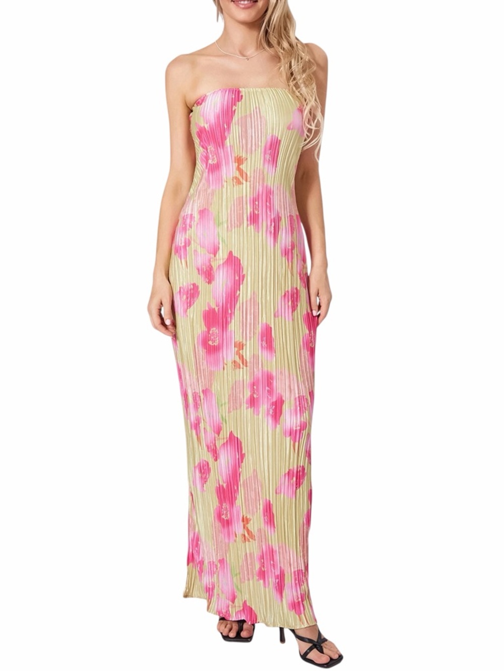 Strapless  Floral Pleated Maxi Dress Sleeveless Off Shoulder Backless dress(006)